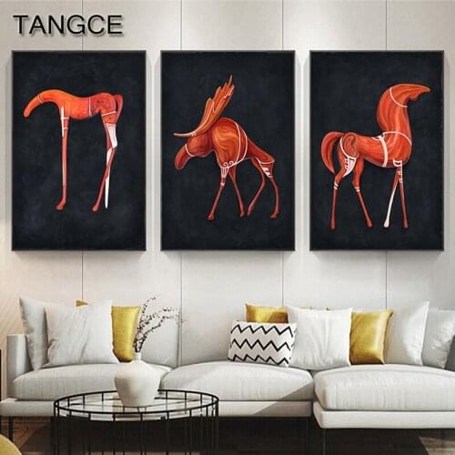 Abstract Strange Horse Canvas Painting Black Orange Posters Prints Modern Wall Art Picture for Living Room Bedroom Fashion Decor