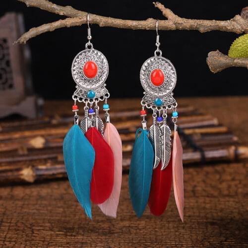 Bohemian Ethnic Feather Tassel Drop Earrings for Women Retro Colorful Creative Long Earrings Ladies Wedding Jewelry Gift
