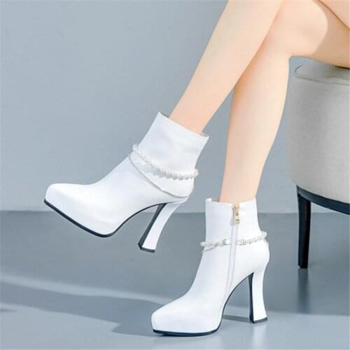 PXELENA INS Handmade Crystal Chain String Beads Women Genuine Leather Ankle Boots High Heels Fall Winter Shoes Plus Size 34-41