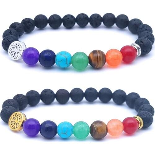 Tree Seven Chakra Healing Beads Bracelet 8mm Black Lava Stone Women Men Bracelet Buddha Friendship Strand Jewelry