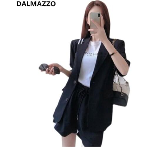 DALMAZZO New Fashion Casual Womens Summer Suits Single-Breasted Loose Coat Tops + Lacing Hot Short Pants 2 Pieces Sets Mujer XL