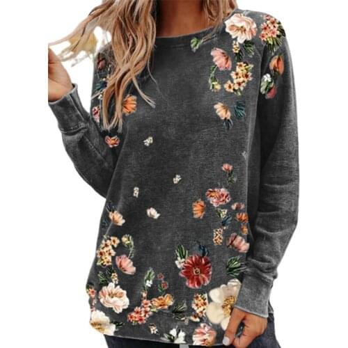 T-shirt O Neck Cotton Print Long Sleeve Top Women Floral Print Blouse Pullover for Spring/Summer Tops
