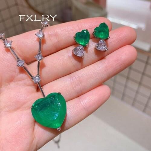 FXLRY High Quality Blue/Green Heart-Shaped Pendant Necklace And Earrings Cubic Zirconia Women Crystal Glass Stone Jewelry Sets