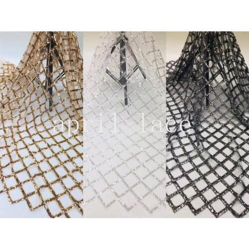 Jcc001 3 color stock 5yards beads grid sequin embroidery tulle mesh net lace for bridal wedding dress