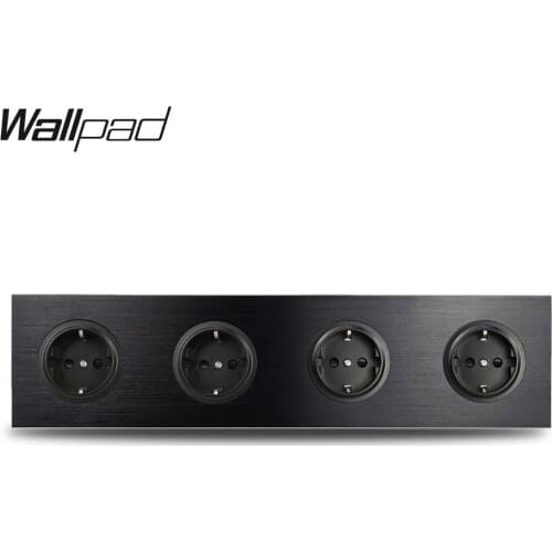 L6 Black Metal Quadruple 4 Way EU German Plug Schuko Power Outlet Wall Socket with Brushed Aluminum 344*86mm 4 Port 4 Gang
