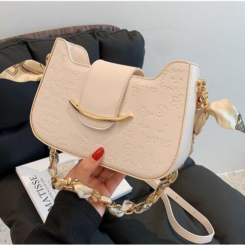 Cute Cartoons Printd Shoulder Bags for Women Small Pu Square Crossbody Bags Silk Scarf Ladies Tote Handbags Chain Messenger Bag