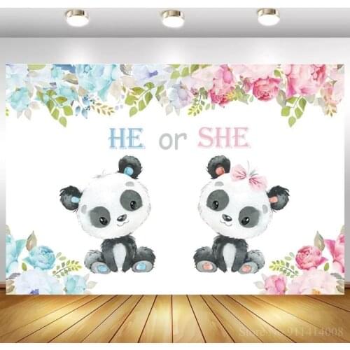 Cartoon Panda Floral Baby Shower Backdrop For Photography Boy or Girl Gender Reveal Party Background Dinner Table Decor