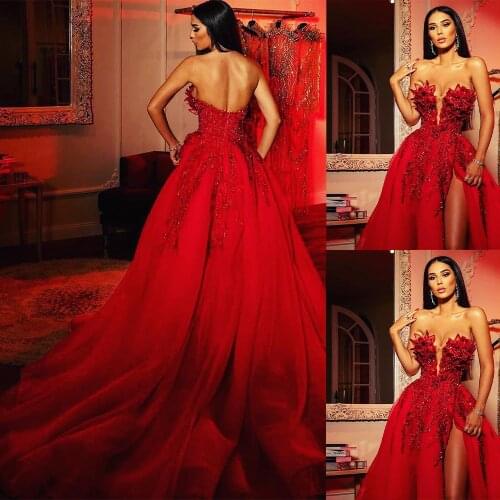 Latest Red Sequined Mermaid African Evening Dresses 2021 Sexy See Strapless Lace Evening Gowns Ruffles Split Dress