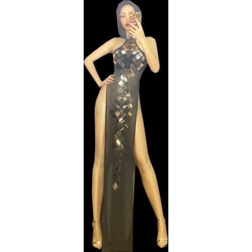 New Sparkly Sequins Black Mesh Transparent Sleeveless Split Long Dress Women Sexy Bar Club Dance Costume Performance Stage Wear