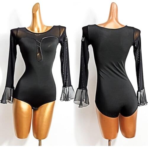 Latin Dance Clothes Women Tops Mesh Long Sleeve One Piece Ballet Leotard Ballroom Dance Costume Latin Tops With Bra Pads VDB2798