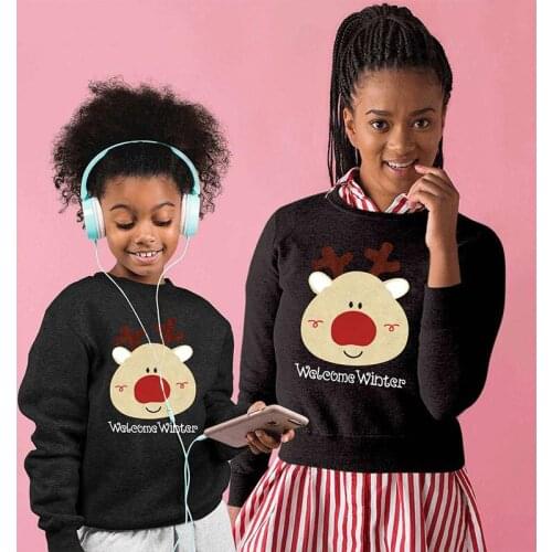 Family Matching Outfits 2021 Winter Christmas Cartoon Big Nose Elk Print Sweater T Shirt Father Mother Kid Boy Girl Home Clothes