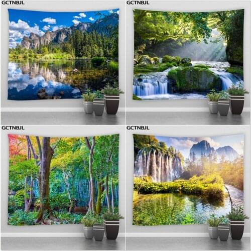 Natural Scenery Waterfall Tapestry Living Room Carpet Tree Forest Landscape Wall Hanging Tapestries Boho Bedroom Home Decoration