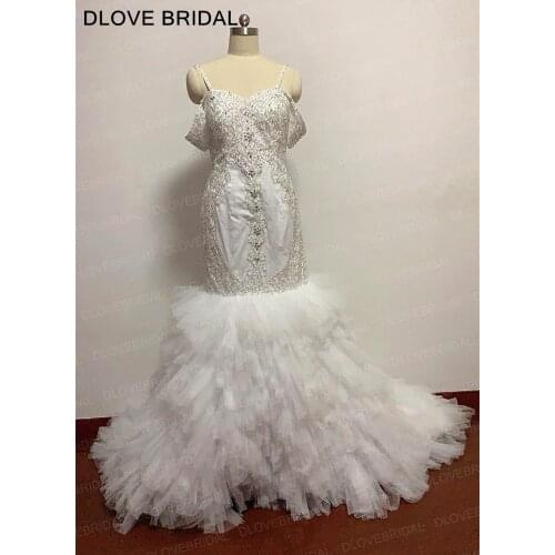 Luxury Crystal Mermaid Wedding Dress Spaghetti Straps Vestido De Noiva High Quality Custom Made Ruffles Bridal Gown Real Photos