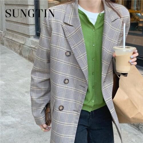 Sungtin Korean Plaid Office Lady Women Blazer Jackets Casual Double Breasted Loose Blazer Outwear Vintage Elegant Suit Coat Chic