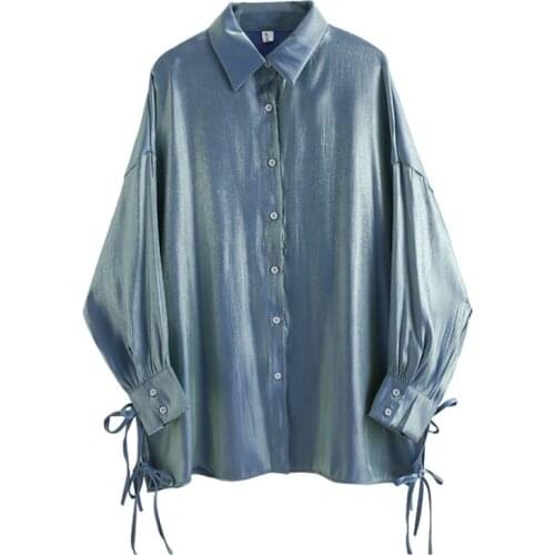 Bella philosophy 2020 Women lacing up Mid Long Blouse lady Lapel Long Sleeve Gradient Bright Satin Slit Joint Irregular female