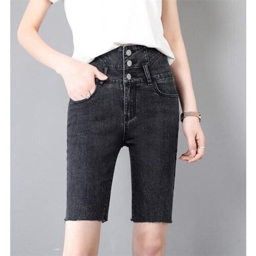 2020 New Jeans For Women Knee Length Black Elasticity High Waist Jeans Fashion Button Design Cotton Jeans Pencil Pants