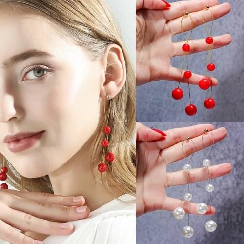 Exaggerated Big Geometric Irregular Red Pearl Earrings for Women Korean Fashion Jewelry Long Tassel Earrings Female Accessories