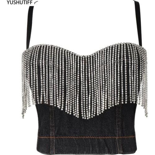 Denim Cropped Vest Corset Tops 2020 Beading Tassel Slim Sexy Crop Top To Wear Out Paty Nightclub Women Cami Ropa Mujer DB1014