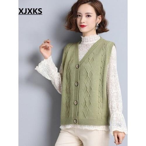 XJXKS Vests Women Single Breasted Knitted Fashion Student Outwear Casual Autumn Soft Lovely Retro Sleeveless Sweater