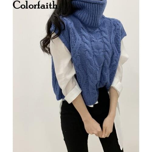 Colorfaith 2019 New Autumn Winter Women Sweaters Turtleneck Sleeveless Vest Warm Minimalist Knitting Elegant Tops Ladies SWV1086