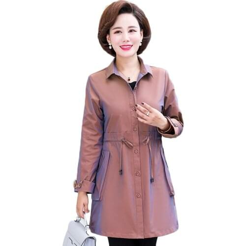 Middle-aged womens Trench Coat thin spring autumn coat solid mid long windbreaker womens basic coat Plus size 5XL Outerwear