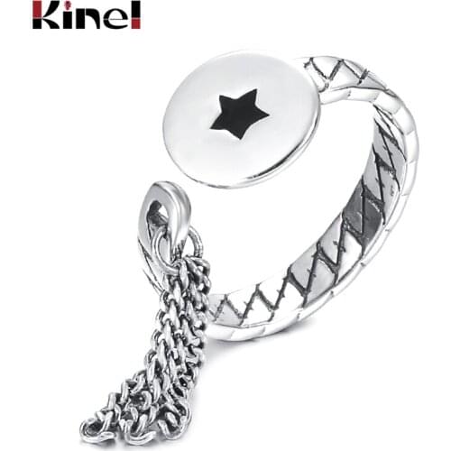 Kinel 100% 925 Sterling Silver Cool Black Star Tassel Chain Open Rings for Women Adjustable Ring Christmas Fine Jewelry Bijoux