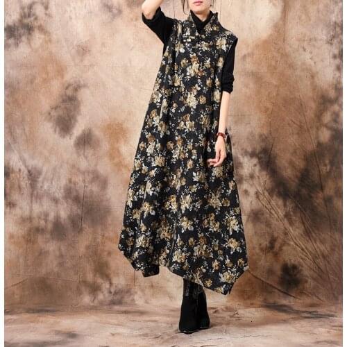 Women Autumn Winter Retro Chinese Style Flower Lace Dress Ladies Vitnage Floral Sleeveless Dresses Female Vest Dress