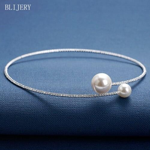 BLIJERY Silver Color Rhinestone Crystal Choker Necklace Simple Simulated Pearl Ball Choker Collar Women Wedding Party Jewelry