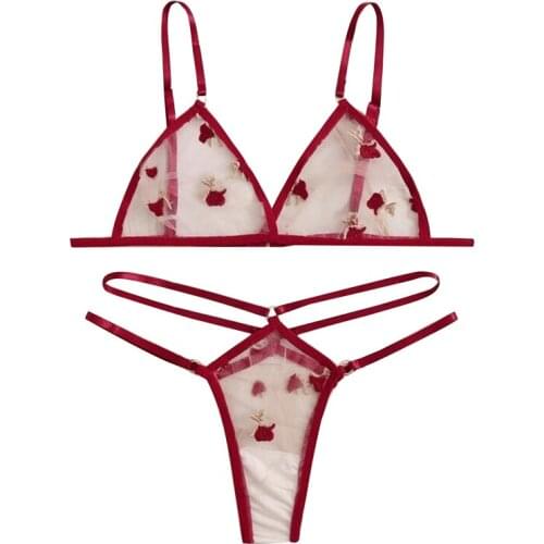 2021 New Arrival Womens Sexy Underwear Two Piece Set Flower Embroidery Mesh Hollowing Out Transparent Bra Pantie Suit Female