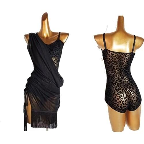 2021 New Latin Dance Dress Leopard Print Jumpsuit And Mesh Fringed Dress Two-Piece Latin Practice Performance Costumes DN7901