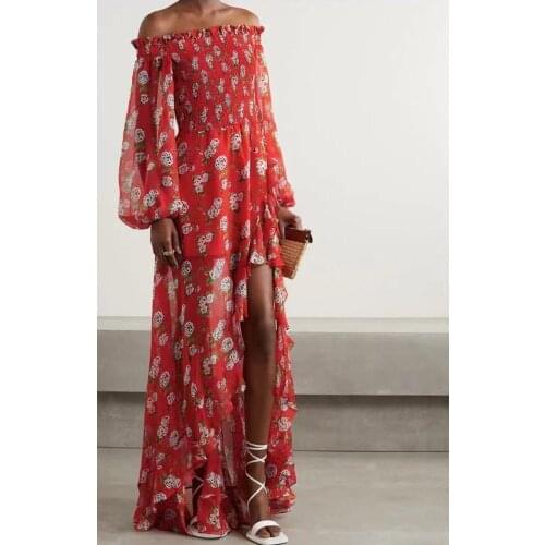 Bohemian Womens Sexy Slash Neck Off Shoulder Strapless Lantern Long Sleeve Ruffles Print Floral Pleated Floor-Length Maxi Dress