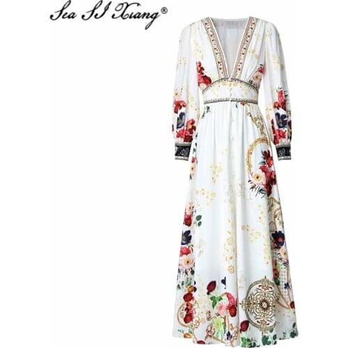 Seasixiang Fashion Designer Summer Maxi Dress Women V-Neck Lantern Sleeve Diamonds High Waist Vintage Floral Print Dresses