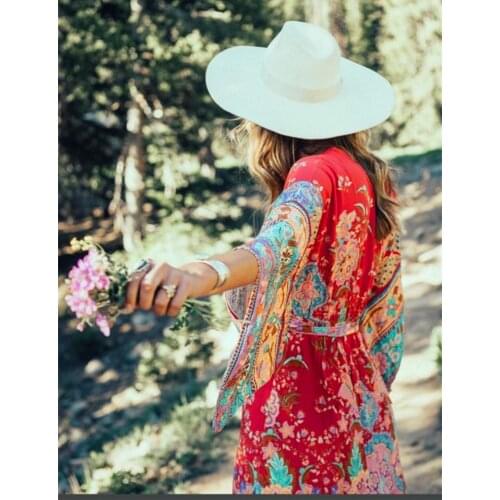 Boho vestidos red floral print bat sleeve beach Bohemian Kimono dress Ladies V neck Tassel Summer dress