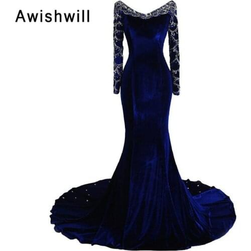 New Arrival V Neck Beadings Long Sleeve Velvet Formal Evening Dresses for Women Vintage Mermaid Evening Gowns Vestidos de Festa
