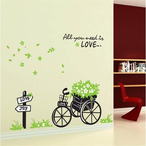 1PC Wall Stickers Cartoon Cute Green Grass Flower Bicycle for Kids Rooms Home Decor Decal Living Room Bedroom TV Wall Stickers