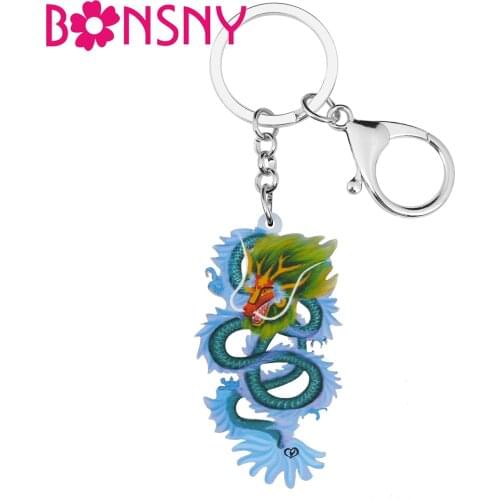 BONSNY Acrylic Fly Blue Chinese Long Dragon Keychains Ring Fashion Key Chain Unique Party Teens Gift Jewelry For Women Girl