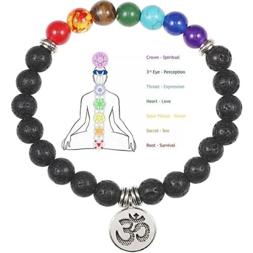 Black Lava Rock Beads 7 Chakra Healing Balance Yoga Bracelets for Men Women Reiki Prayer Stone Charm Buddhist Pendant Bracelet