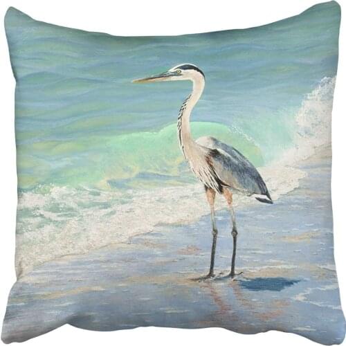 Emvency Decorative Throw Pillow Cover Square Size 18x18 Inches Blue Heron On The Beach Sea Wave Watercolor Painting Cotton Decor
