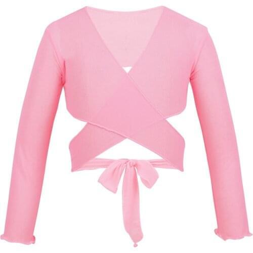 Kids Girls Classic Mesh Ballet Wrap Top Dance Gymnastics Leotard Costumes Long Sleeve Dance Tops With Adjustable Tie Closure