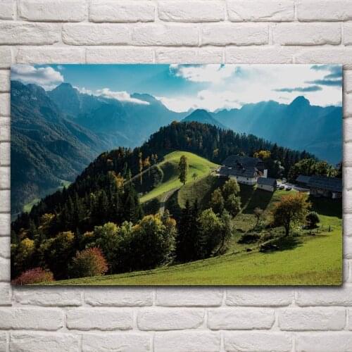 Mountains peak trees sky scenery sunny day nature landscape living room home decor art print wood frame fabric poster KP111