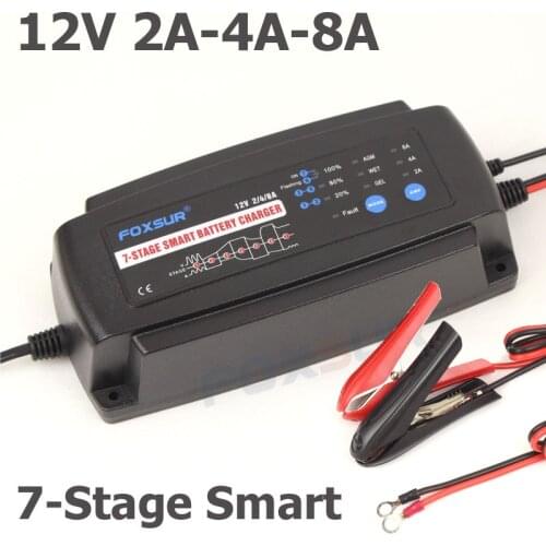 FOXSUR 12V 2A 4A 8A 7-stage smart Battery Charger, GEL WET AGM Battery type & Charge current selectable, Car battery charger