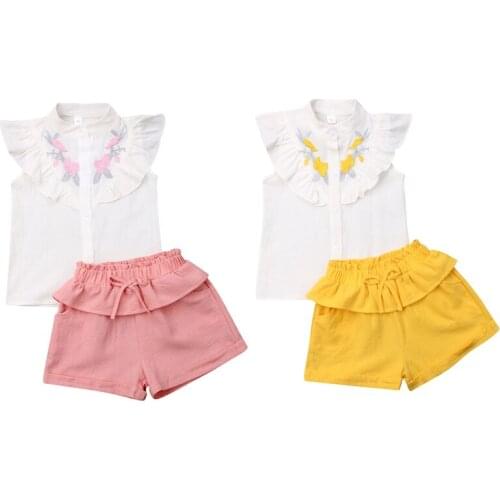 2-7Y Summer Kids Baby Girl Ruffles T-shirt Tops Shorts Pant Bottom 2PCS Girls Clothing Set