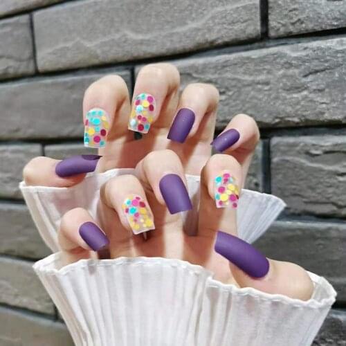 Fake Nails Purple Matte Sequins Nail Stickers Complete Nail Stickers 24 Nail Stickers With Glue SANA889