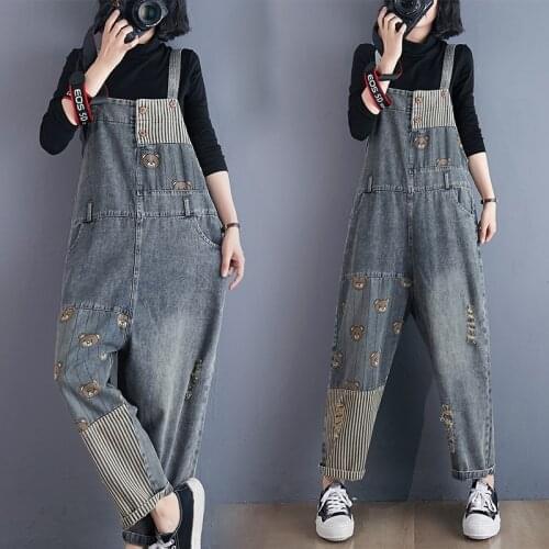 New Arrival Denim Jumpsuits Jeans 2021 Fashion High waist Print Jumpsuit Rompers Women Casual Loose Denim Pants Pocket Plus size