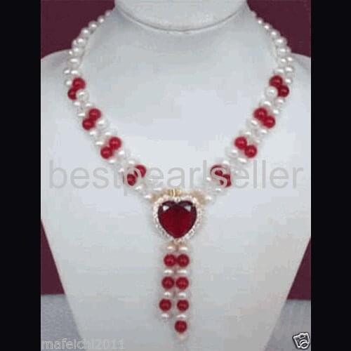 Charming ! 2Rows White freshwater Pearl & Red jade Heart Jewelry Necklace