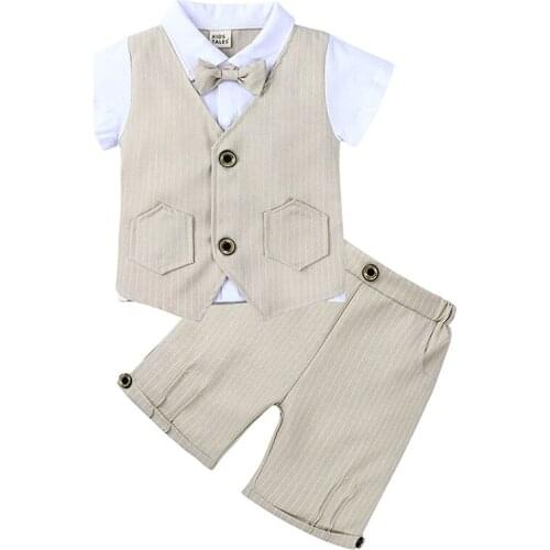 Boys Baby Clothes Gentleman England Childrens Suit Summer Short Sleeve kids Handsome Two-piece Cotton Shirt + Pants + Bow Tie