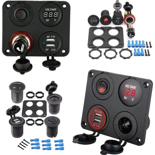 4 in 1 Rocker Switch Panel for Marine Boat Dual USB Port 12V Socket Outlet Digital Voltage Display Cigarette Lighter