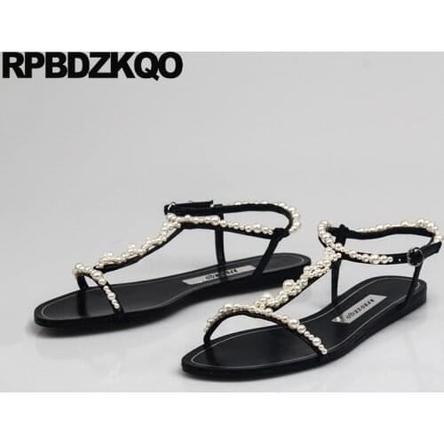 Flat Slingback Black Pearl Holiday Beaded Open Toe T Strap Designer Shoes Women Luxury 2017 Plus Size Sandals Wedding Summer