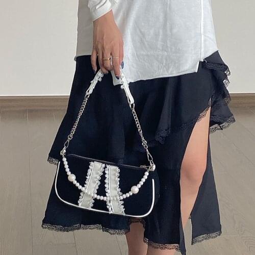 Luxury Designer Handbag Retro Pearl Chain Bag Spring And Summer New Lace Suede Handbag Ladies Armpit Shoulder Bag Clutch Handbag