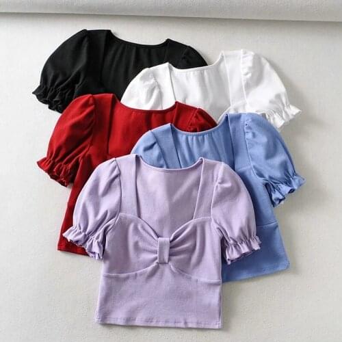ShesModa Vintage Knitted French Style Square Collar Womens Top Tee Short Puff Sleeves
